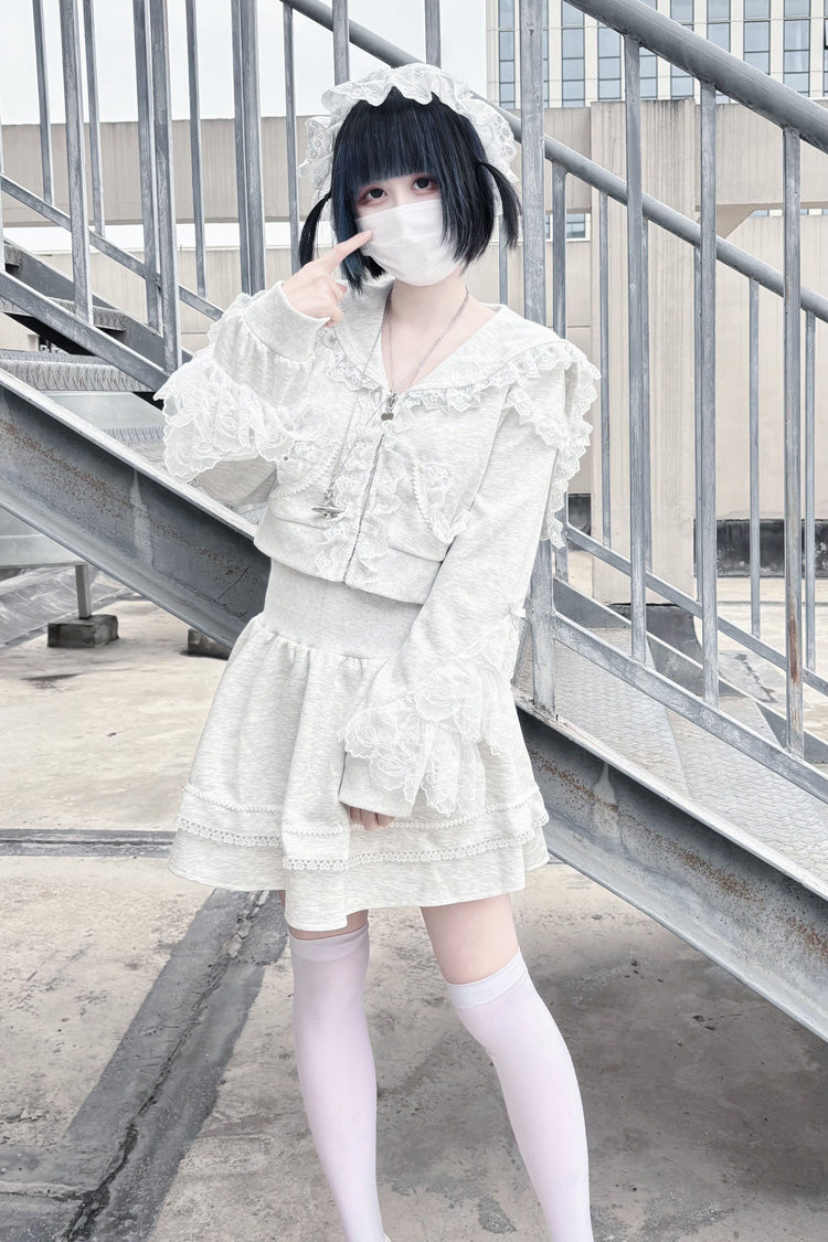 Grey [Heartbeat Rhythm] Long Sleeves Ruffle Lace Hooded Jirai Kei Japanese Skirt Set - Grey - 1