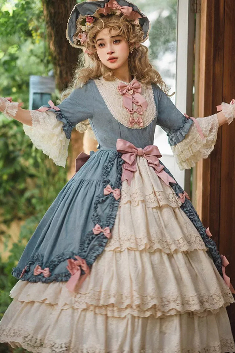 Blue [Lilica Garden] Lapel Collar Short Trumpet Sleeves Ruffled Open-Front Bow Lace Sweet Elegant Luxurious Lolita Dress - Product - 3