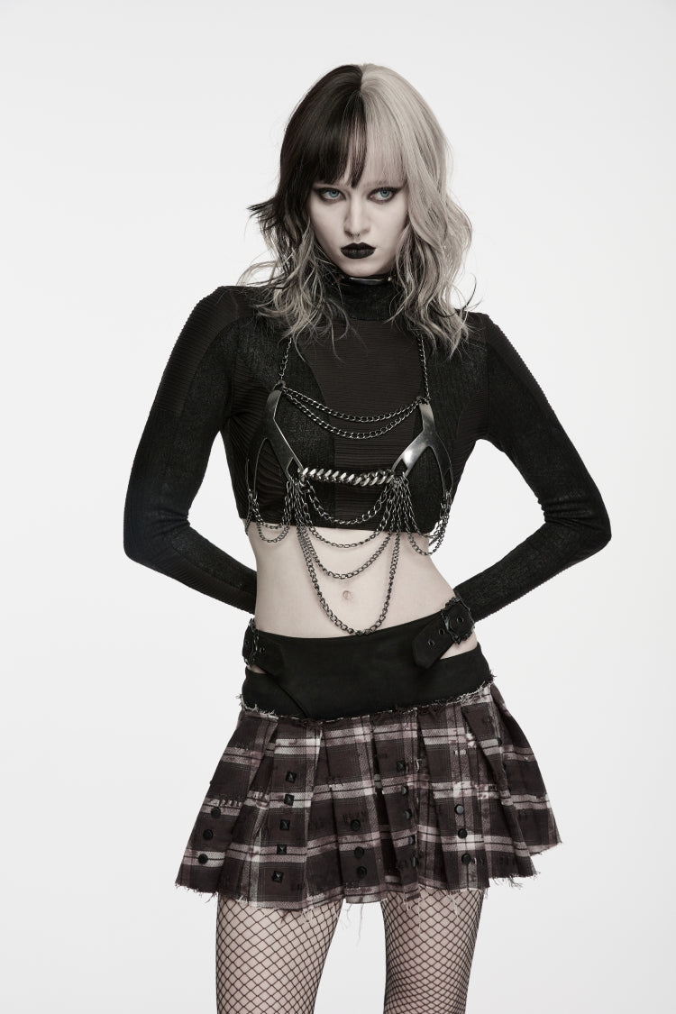 Red Patchwork Studded Pleated Women's Punk Preppy Style Skirt - Red - 1