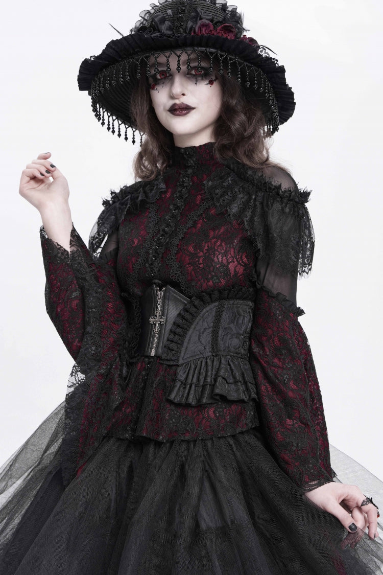 Black Printed Spliced Lace Lace-Up Slim Zippered Women's Gothic Palace Corset - Product - 6