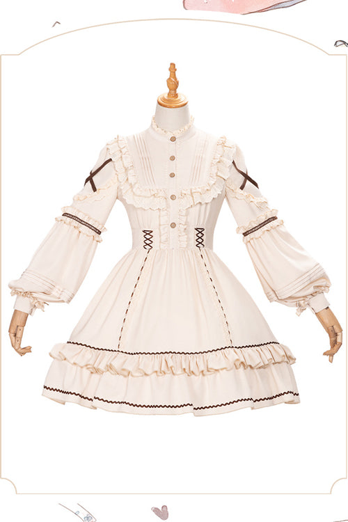 Beige Lantern Sleeves Multi-Layer Ruffled Removable Sweet Lolita OP Tiered Dress - Product - 8