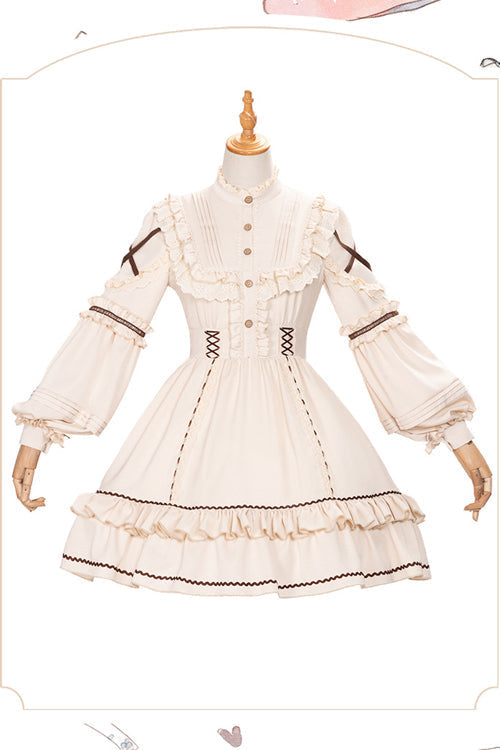 Beige Lantern Sleeves Multi-Layer Ruffled Removable Sweet OP Tiered Dress (Dress Only) detail view 8