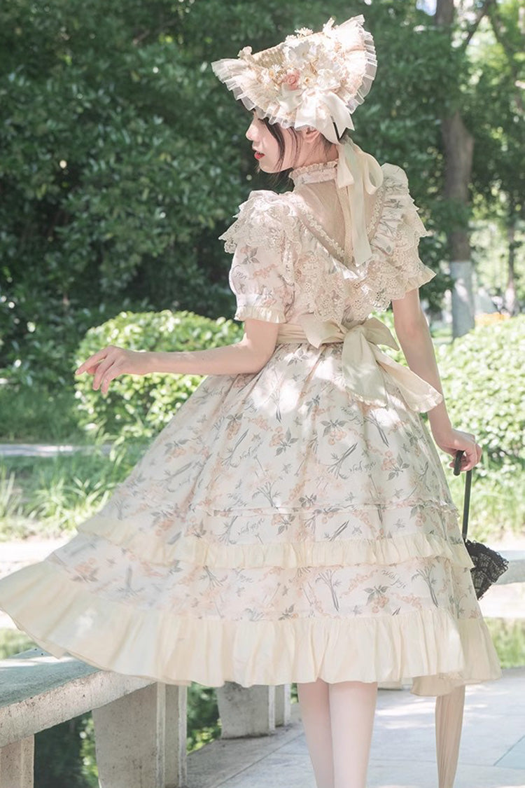 Multi-Color Daisy Print Cherry Embroidery Edwardian Collar Short Sleeves Sweet Lolita Dress - Product - 4
