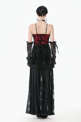 Black Multi-Layered Ruffled Velvet Spliced Lace Lace-Up Women's Gothic Long Skirt - Product - 4