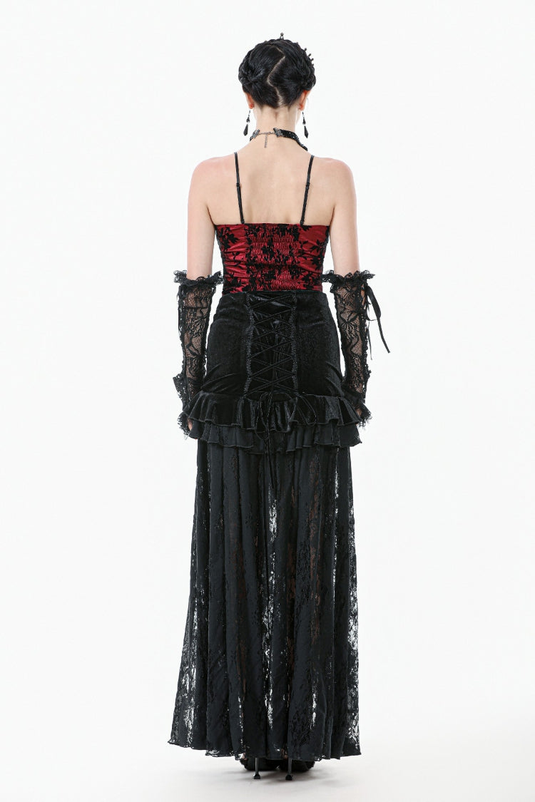 Black Multi-Layered Ruffled Velvet Spliced Lace Lace-Up Women's Gothic Long Skirt - Product - 4