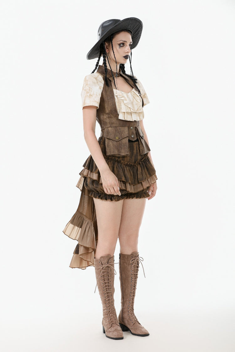 Brown Point Lapel Collar Sleeveless Women's Steampunk Utility Vest with Cargo Pockets - Product - 2