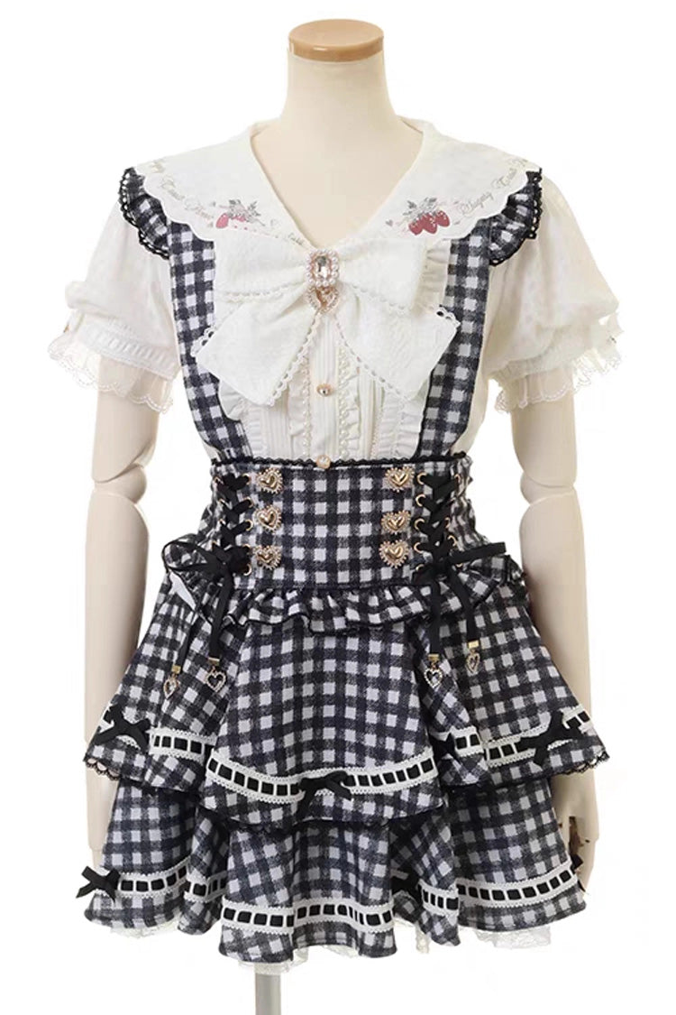 Sweet Multi-Layered Plaid Printed Ruffled Bow Lace-Up Jirai Kei Plus Size Japanese College Style Skirt 3 Colors - Black(Skirt-Only) - 5