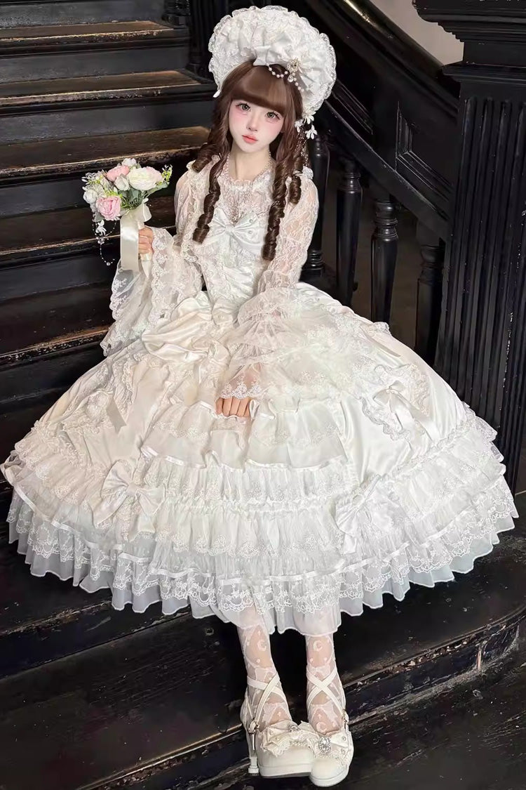 White [Ode of the Curtain] Multi-Layered Ruffled Hanayome Open-Front Bow Lace Lace-Up Sweet Long Lolita Jsk Dress - Product - 6