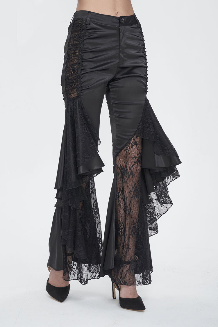 Black Ruffle Lace Stitching Womens Gothic Flared Pant - Product - 2