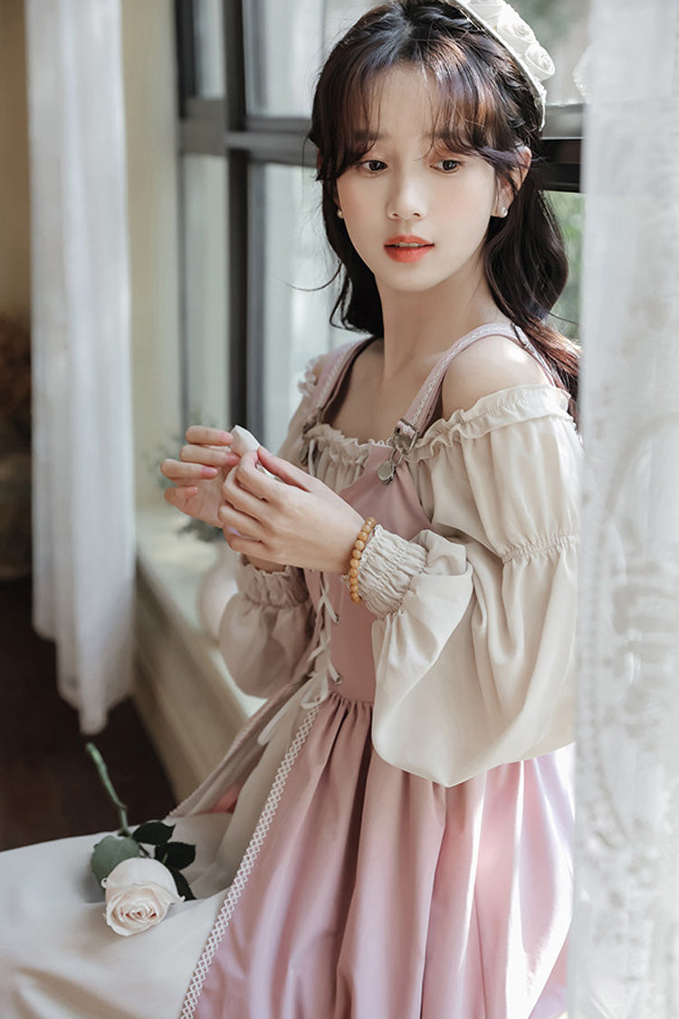 Pink/Apricot Square Collar Long Sleeves Ruffled Embroidered Lace-Up Sweet Lolita Two-Piece Dress Set - Product - 8