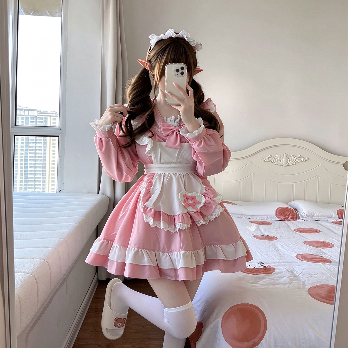 Light Blue Ruffled Sailor Collar Maid Lolita Dress with Apron Bow Accent - view 4