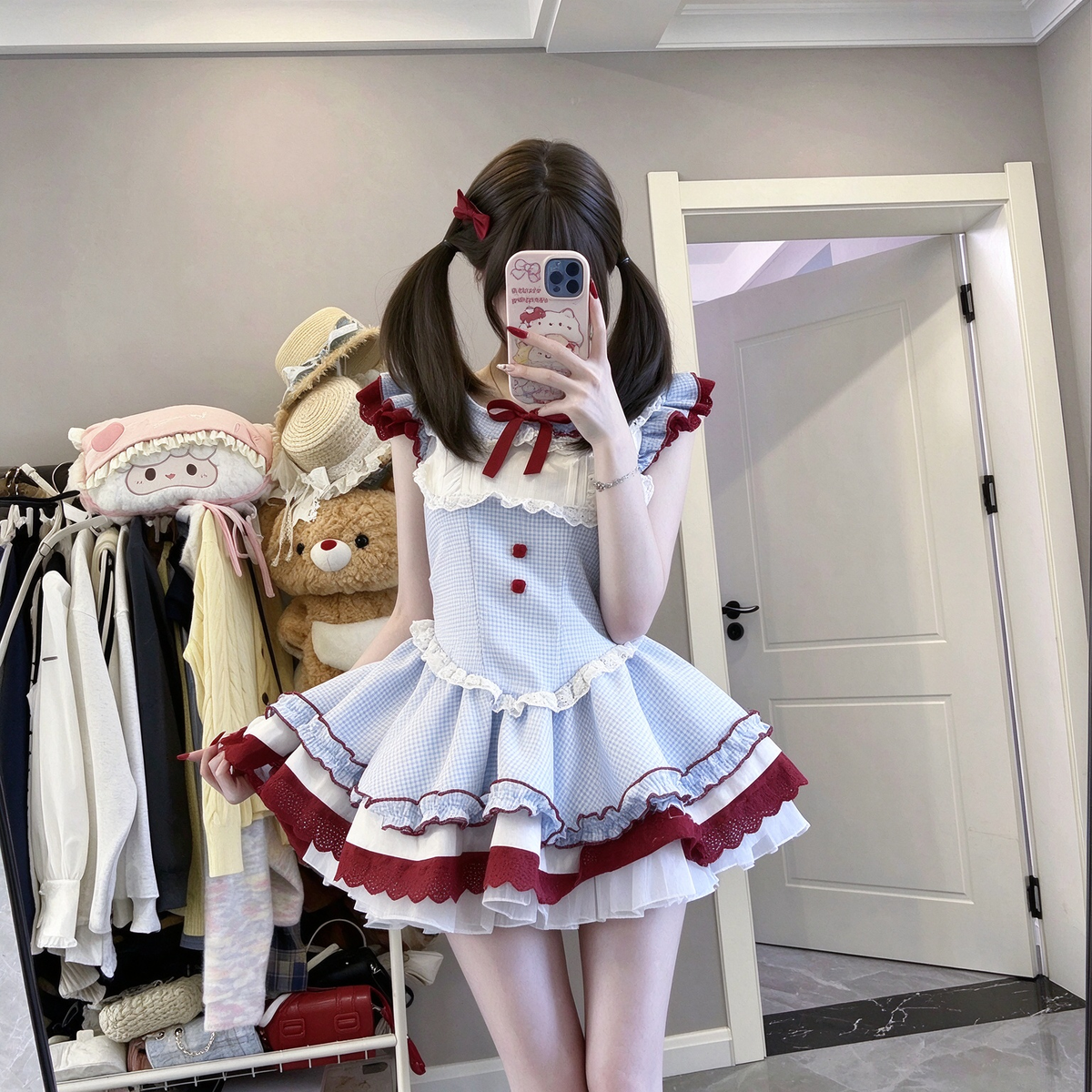Light Blue and Red Gingham Ruffled Lolita Dress with Lace Trim - view 6