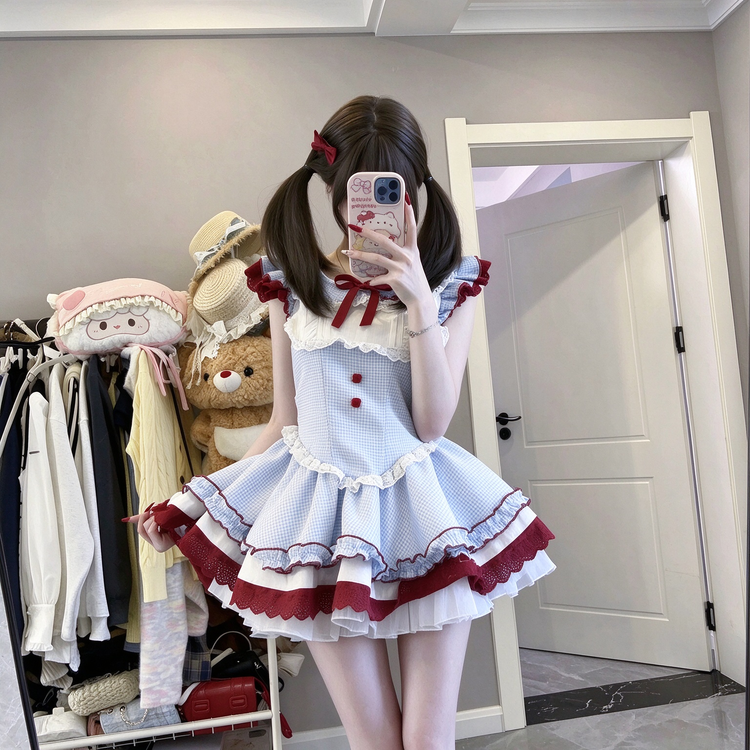 Light Blue and Red Gingham Ruffled Lolita Dress with Lace Trim - view 6