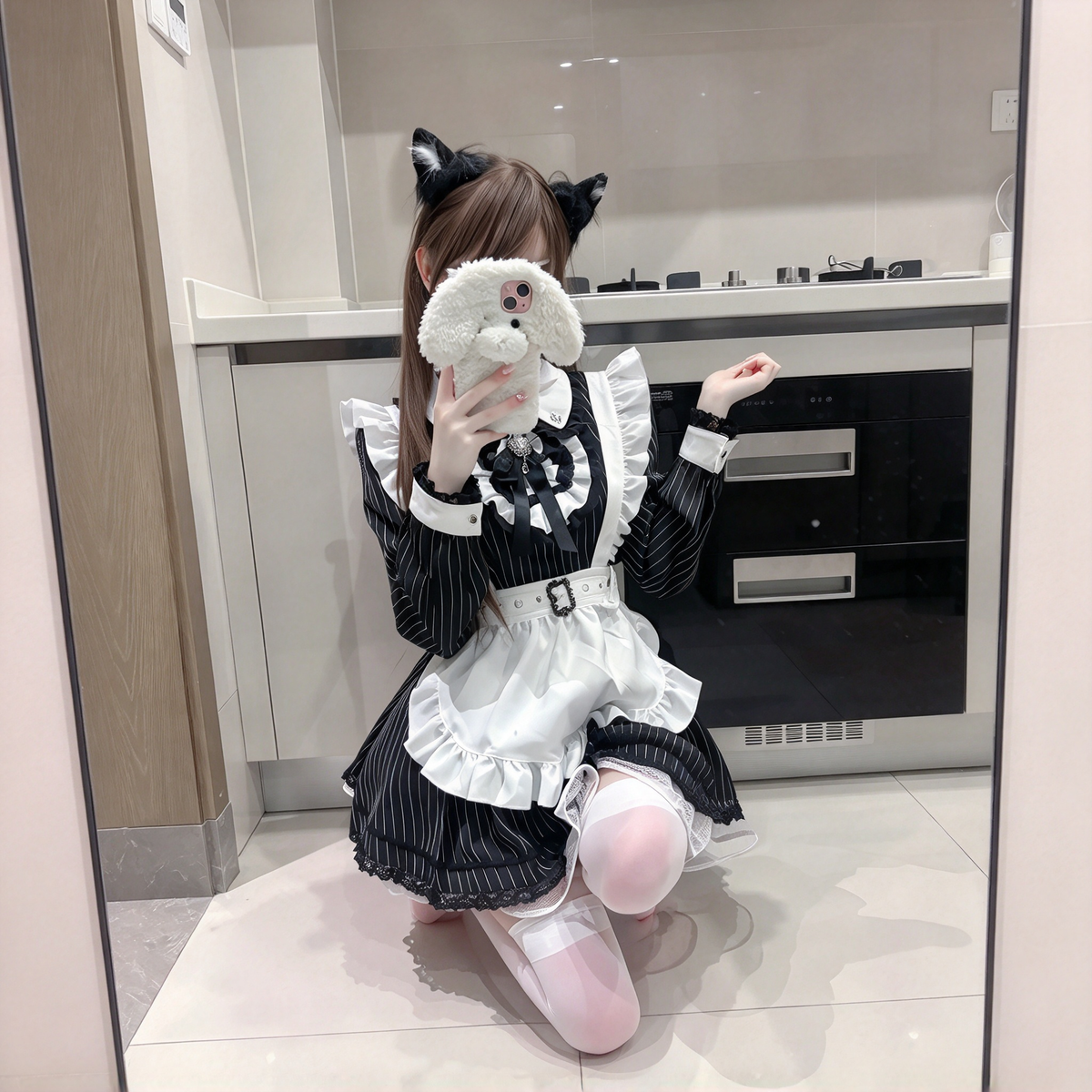 Black Striped Maid Lolita Dress with Apron Bow Accent - view 6