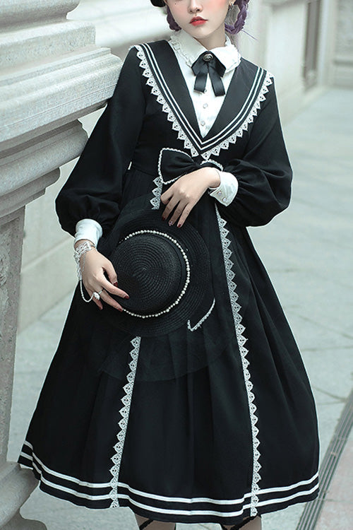 Black Elegant Bowknot Long Sleeves College Style Gothic Lolita Dress - Black - 1