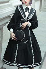 Black Elegant Bowknot Long Sleeves College Style Gothic Lolita Dress - Black - 1