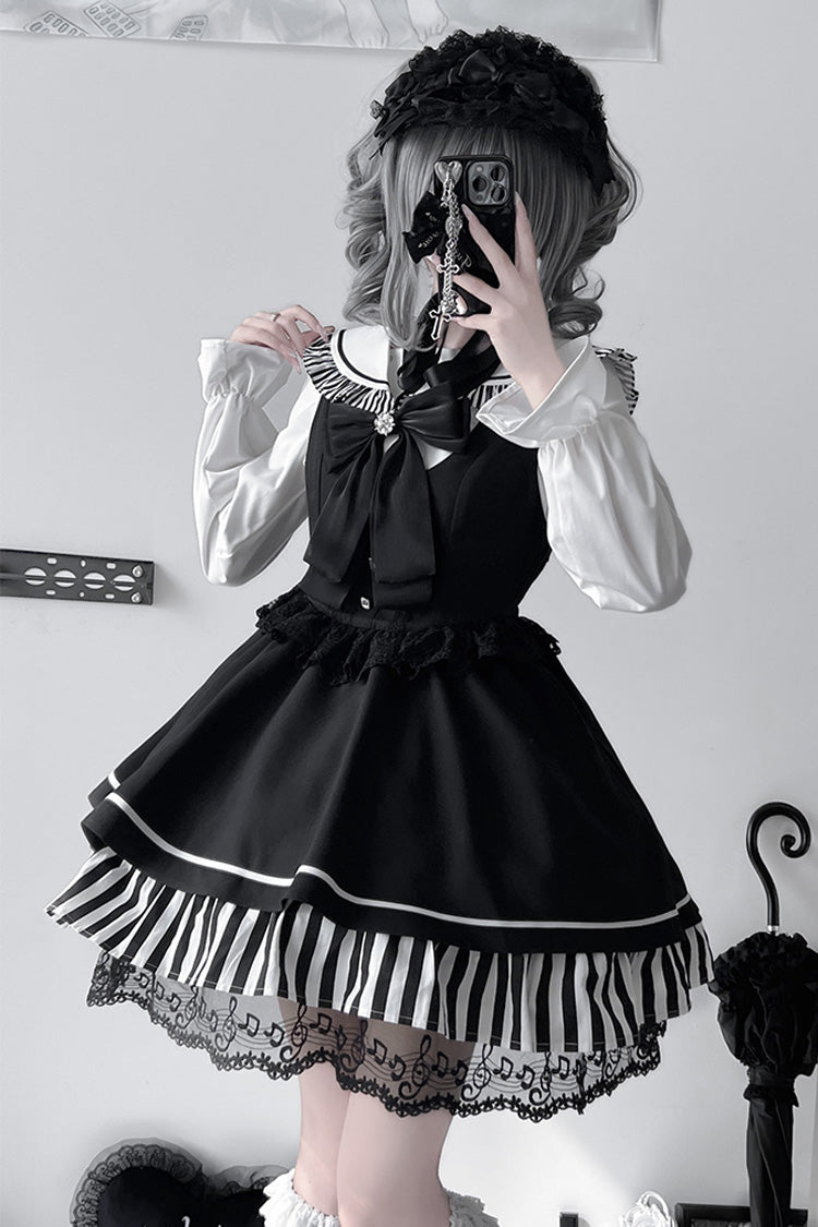 Black [Twilight Song] Stripe Print Bowknot Lace Jirai Kei Jumper Dress - Black - 1
