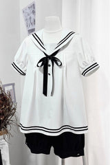 Black/White [Old Stories] Navy Collar Short Sleeves Bowknot Ouji Gothic Lolita Blouse Shorts Set - Product - 10