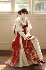 Red/White Lapel Collar Long Sleeves High Waisted Jacquard Print Embroidery Pleated Women's Chinese Style Gorgeous Hanfu Dress Set - Product - 7