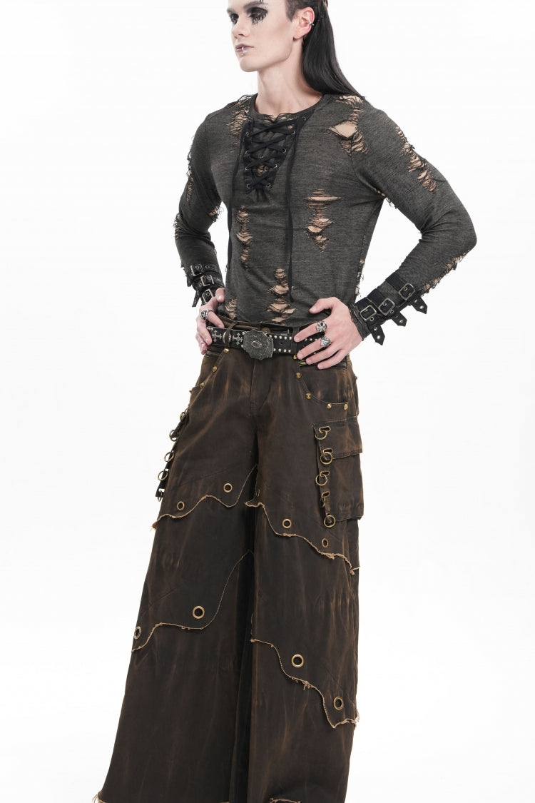 Coffee Eyelet Men's Gothic Pants Pocket Trousers - Product - 7