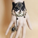 Black Retro Fashion Christmas Female Mask Lace Pearl Gothic Lolita Ring Bracelet - Black - 1