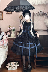 [Lilith’s Cage] Sleeveless Print Ruffle Bowknot Lace-Up Gothic Elegant Lolita Jsk Dress 2 Colors - Black - 1