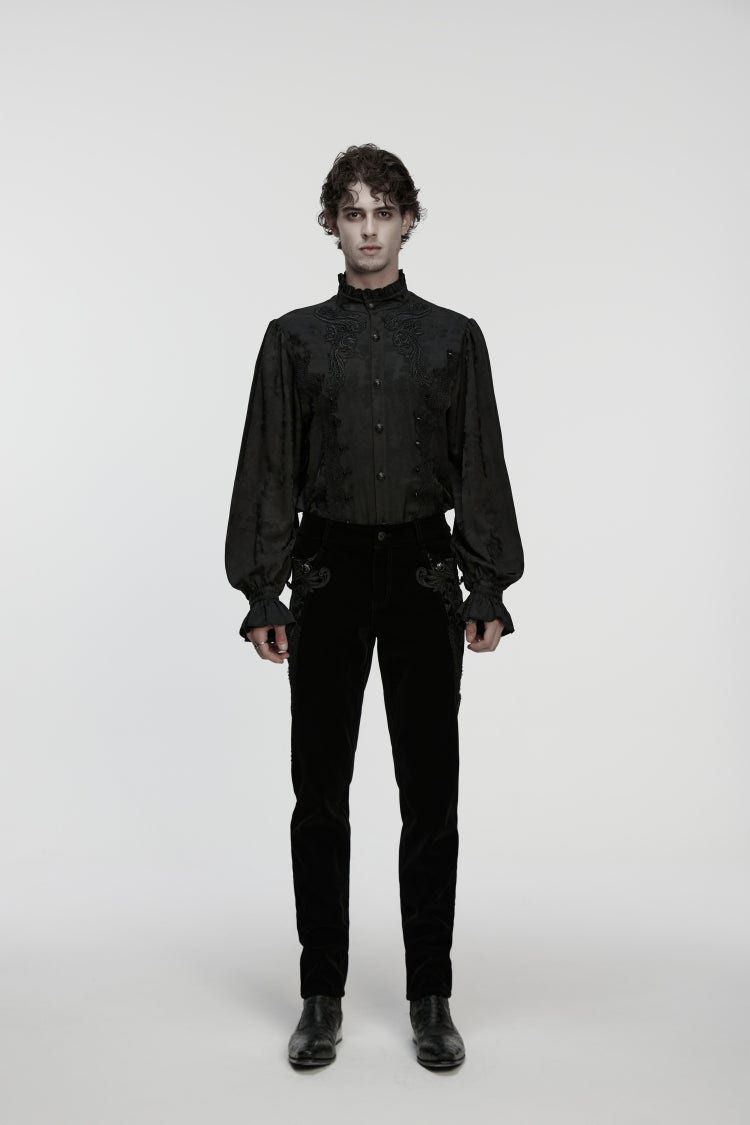 Black Stand Collar Long Puff Sleeves Embroidered Studded Men's Gothic Royal Shirt - Product - 3