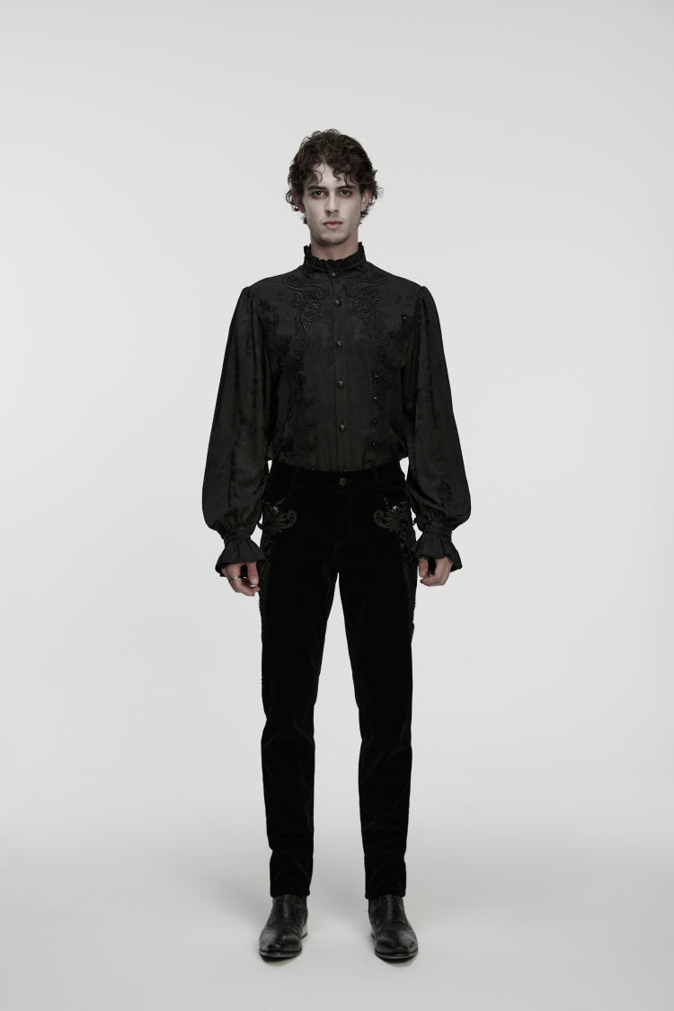 Black Stand Collar Long Puff Sleeves Embroidered Studded Men's Gothic Royal Shirt - Product - 3