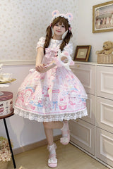 Pink [Cute Rabbit Sweet Cake] Print Ruffle Bowknot Lace Sweet Lolita Jsk Dress - Product - 5