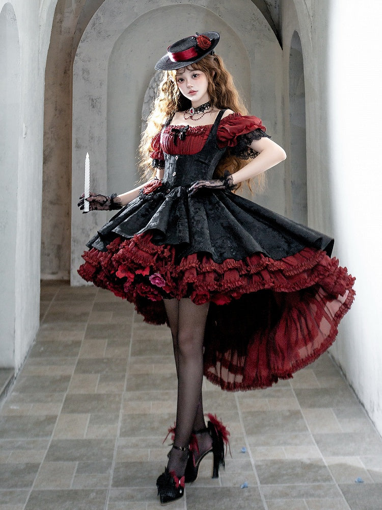 Red & Black Gothic Underbust JSK Dress and Off-Shoulder Blouse Set detail view 5