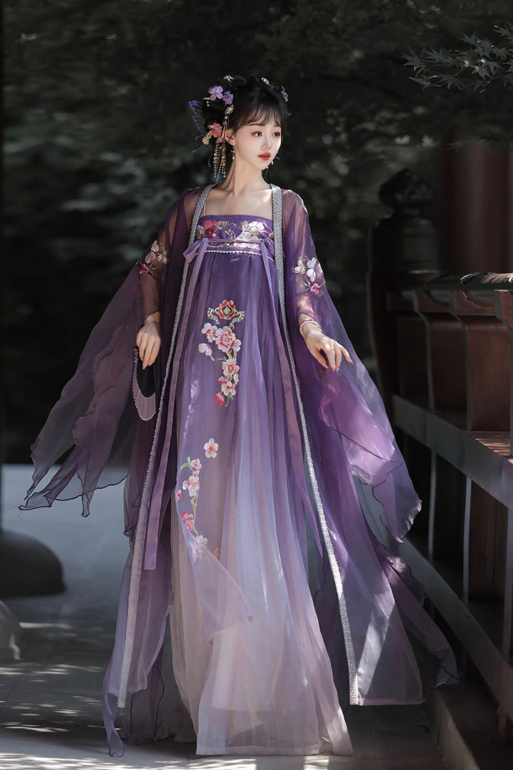 Purple Long Sleeves Embroidery Sweet Tang-style Hezi Hanfu Dress Full Set - Product - 3