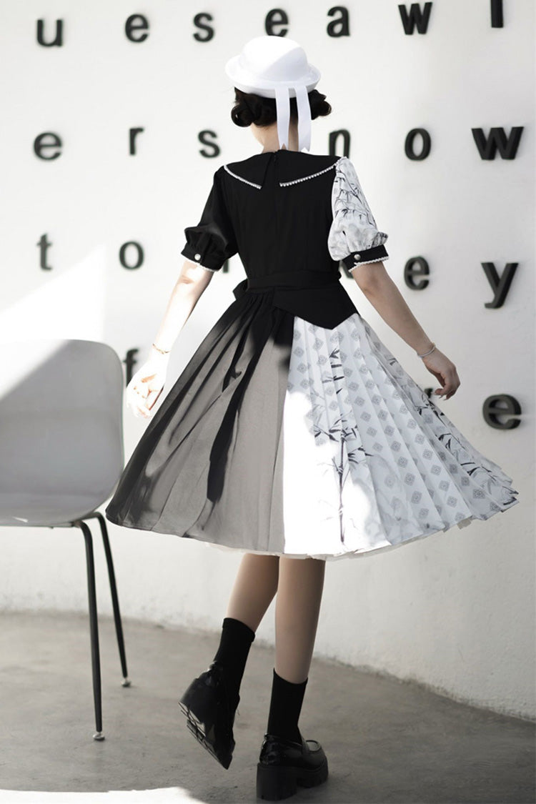 Black/White Stitching Chinese Style Bamboo Print High Waisted Sweet Lolita Dress - Product - 5