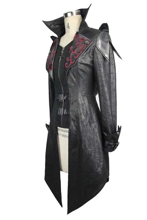 Black Punk Burnt Out Applique Hooded Womens Leather Coat - Product - 5