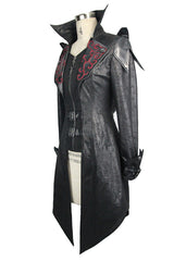 Black Punk Burnt Out Applique Hooded Womens Leather Coat - Product - 5