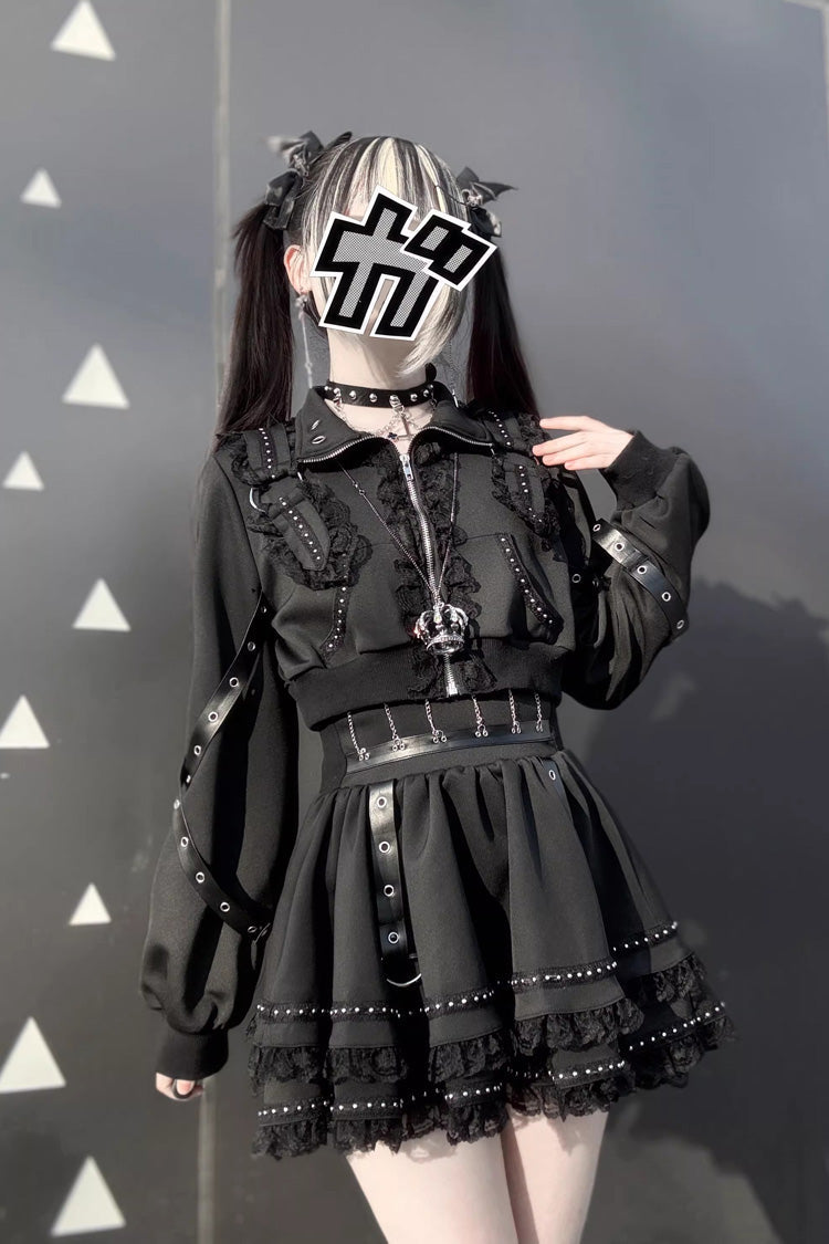Black [False Judgment] Ruffled Lace Zippered Gothic Jirai Kei Japanese Handsome Skirt Set - Product - 10