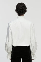 White Stand Collar Long Sleeves Ruffle Embroidery Pleated Men's Gothic Blouse - Product - 3