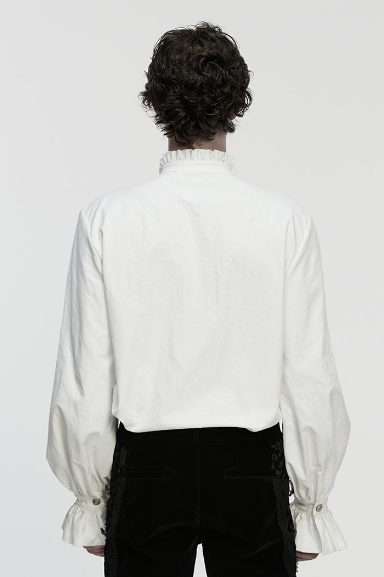 White Stand Collar Long Sleeves Ruffle Embroidery Pleated Men's Gothic Blouse - Product - 3