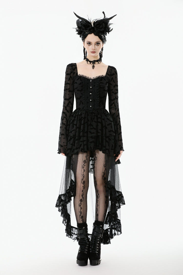 Black Square Collar Long Trumpet Sleeves Bat Printed Lace Irregular Hem Women's Gothic Dress - Product - 5