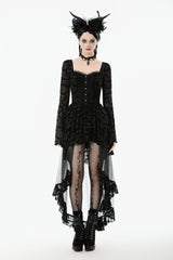 Black Square Collar Long Trumpet Sleeves Bat Printed Lace Irregular Hem Women's Gothic Dress - Product - 5