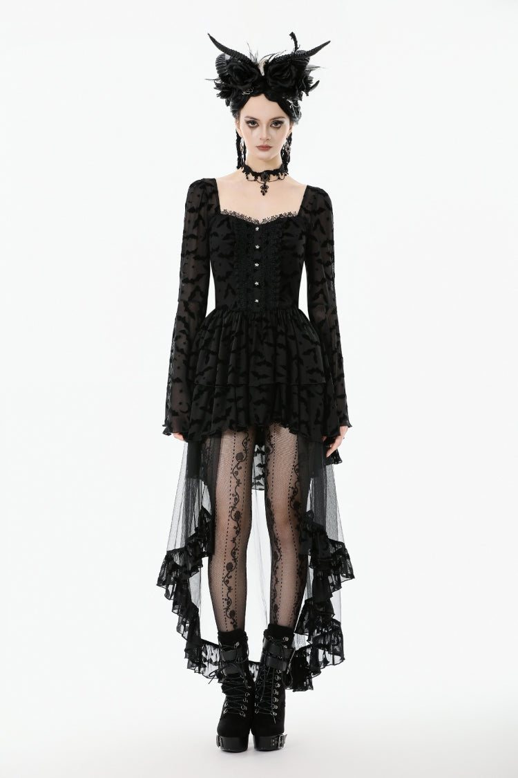 Black Square Collar Long Trumpet Sleeves Bat Printed Lace Irregular Hem Women's Gothic Dress - Product - 5