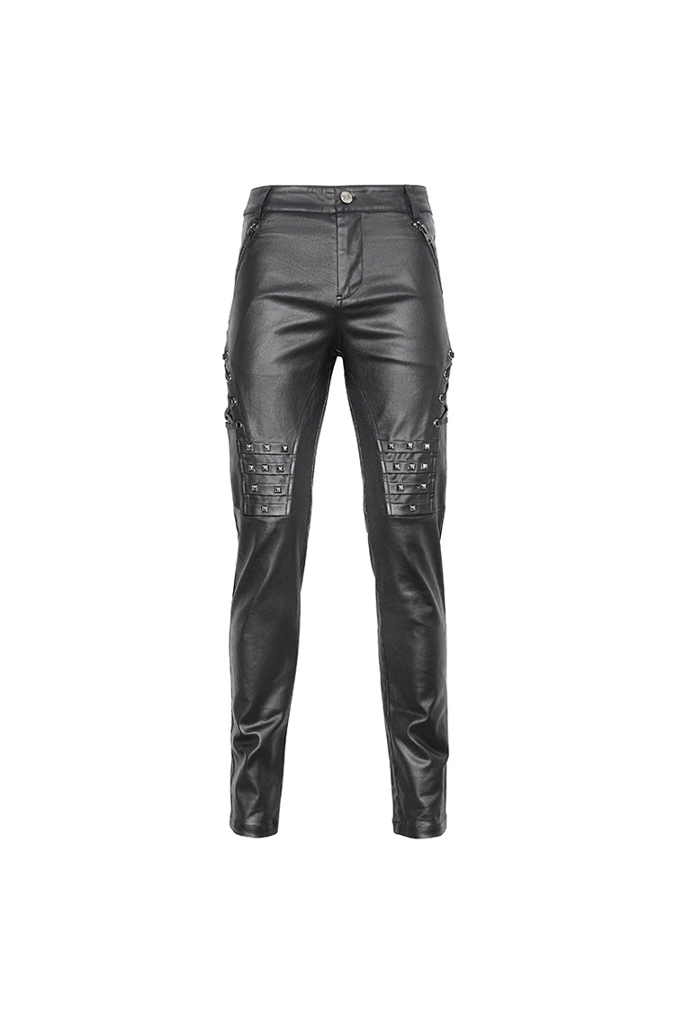 Black Studded Lace Up Leather Men's Punk Pants - Product - 7