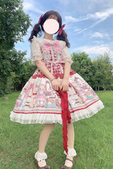 Red Plush Bear and Doll Print Ruffle Bowknot Lace Sweet Lolita Jsk Dress - Product - 2