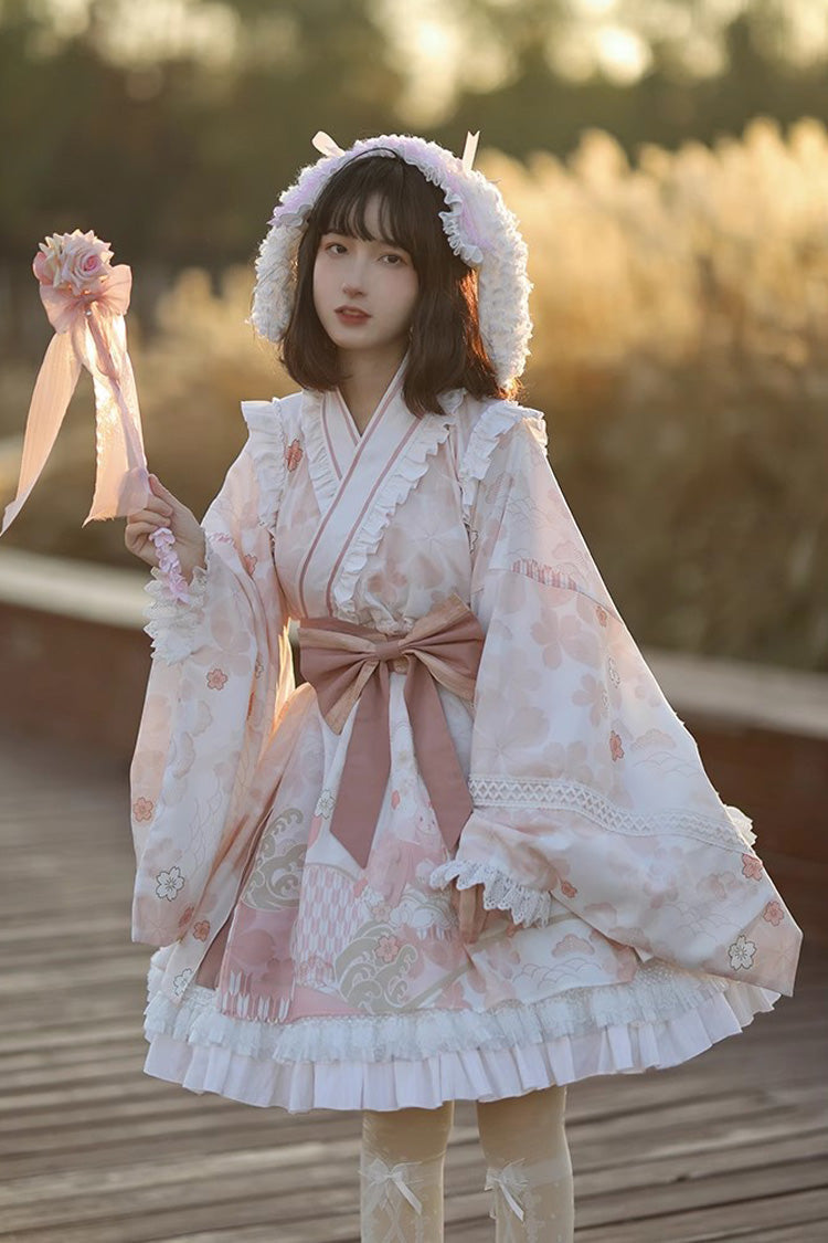 Apricot Long Trumpet Sleeves Cherry Blossom Print Ruffle Sweet Japanese Lolita Dress - Apricot - 1