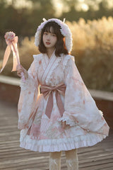 Apricot Long Trumpet Sleeves Cherry Blossom Print Ruffle Sweet Japanese Lolita Dress - Apricot - 1