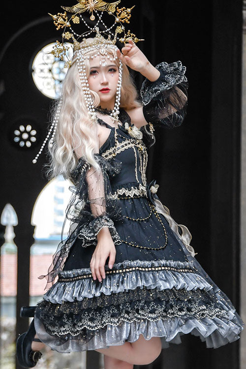 Black Starry Night Square Collar Bowknot Multi-Layer Ruffled Cardigan Gothic Lolita JSK Dress with Detached Sleeves - Product - 6
