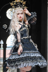 Black Starry Night Square Collar Bowknot Multi-Layer Ruffled Cardigan Gothic Lolita JSK Dress with Detached Sleeves - Product - 6