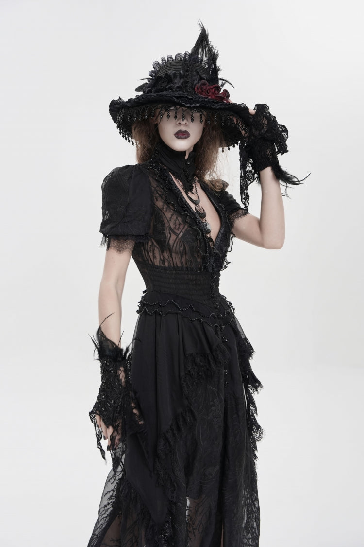 Black V Collar Short Sleeves Hanayome Lace Women's Gothic Wedding Dress - Product - 11