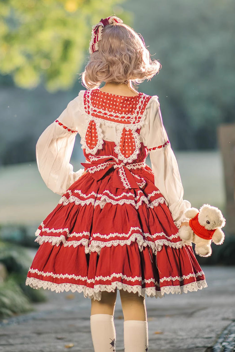 Red/White Three-section Cake Sleeveless Ribbon Sweet Lolita Tiered Dress - Product - 4