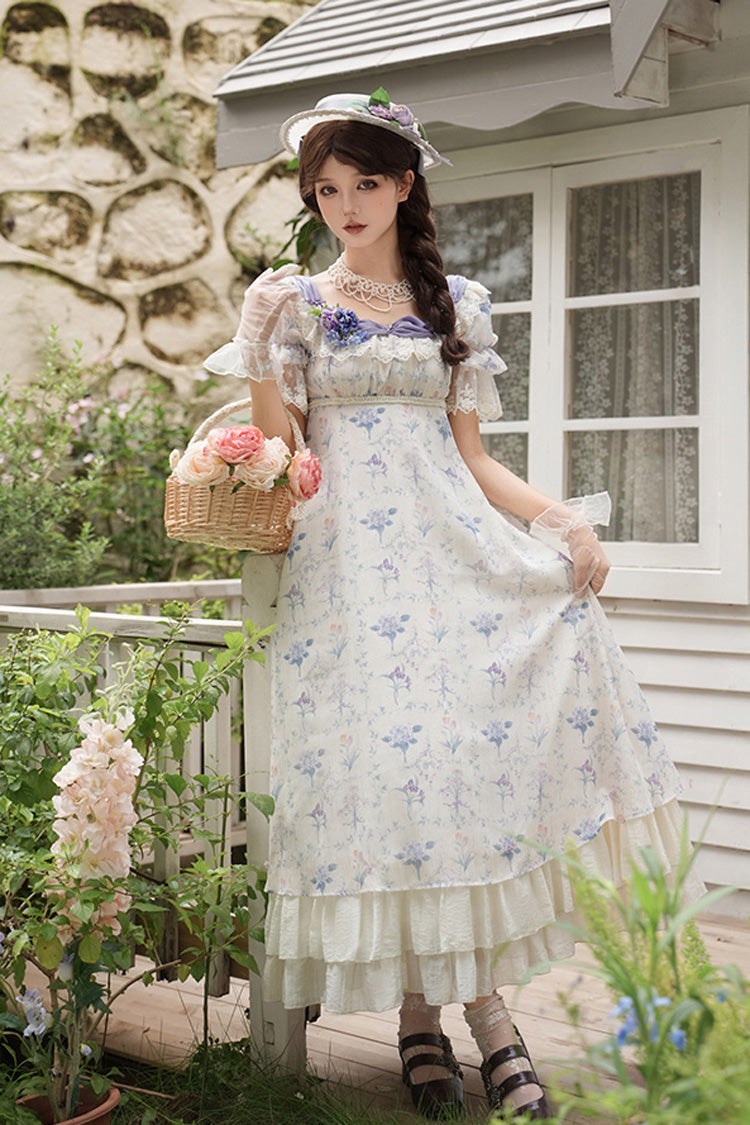 Purple/Ivory [Iris Secrets] Short Sleeves Double-Layered Print Ruffle Bowknot Lace-Up Sweet Lolita Dress - Product - 3