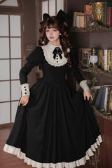 [Miss Lita] Stand Collar Long Lantern Sleeves Triple-Layered Ruffled Classic Elegant Maid Lolita Dress 2 Colors (Red, Black) - Product - 24